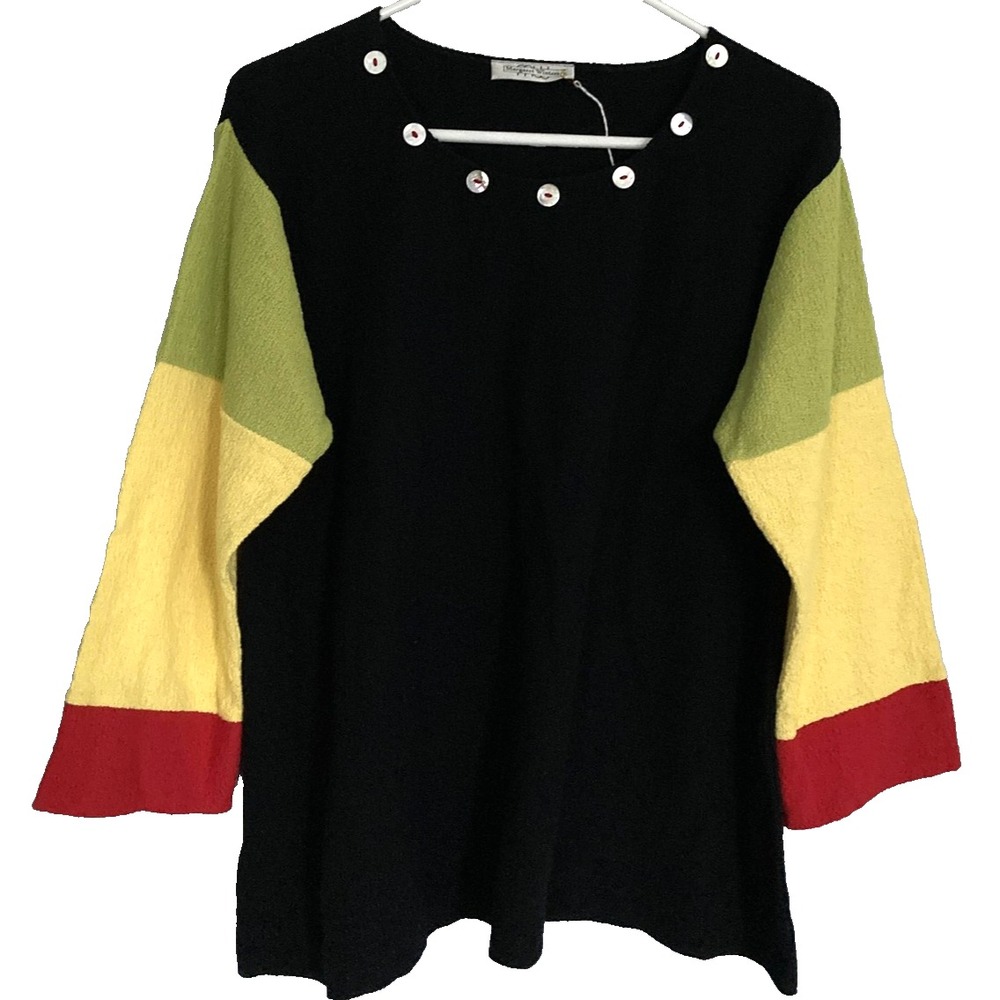 Margaret Winters Sweater Women XL Blk Colorblock Button Boat Neck 3/4 Sleeve NWT